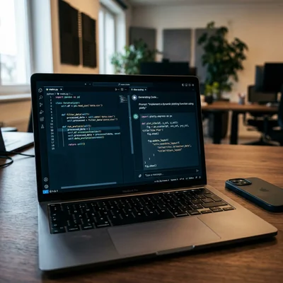Vergleich von klassischem Code und Vibe-Coding mit einem KI-Assistenten auf einem Laptop-Bildschirm