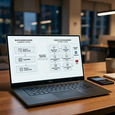 Architecture diagram of transitioning from a block builder to a custom backend on a laptop screen