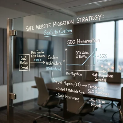 Diagram of safe website migration preserving SEO on a transparent board