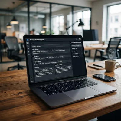 Interfaz de una plantilla de prompt empresarial estructurada en la pantalla de una computadora portátil