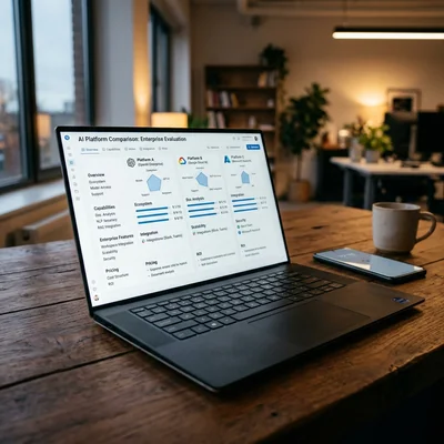 Dashboard zum Vergleich von drei KI-Unternehmensplattformen auf einem Laptop-Bildschirm