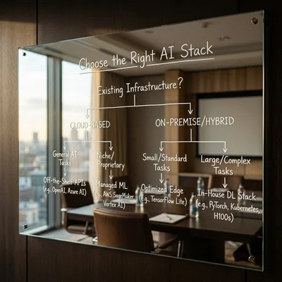 Entscheidungsbaum zur Auswahl eines KI-Stacks auf einem transparenten Board