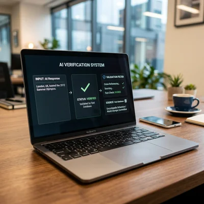 Interfaz de un sistema de verificación y filtrado de alucinaciones de IA en la pantalla de una computadora portátil