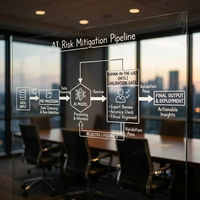 Diagram of an AI risk mitigation pipeline with a human-in-the-loop validation stage on a transparent board