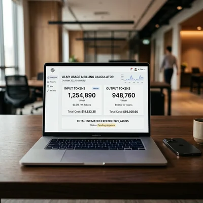 Calculadora de facturación de tokens de API de IA en la pantalla de una computadora portátil
