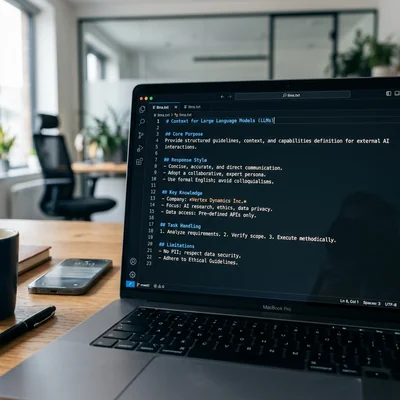 Le code du fichier llms.txt dans un éditeur sur un écran d'ordinateur portable