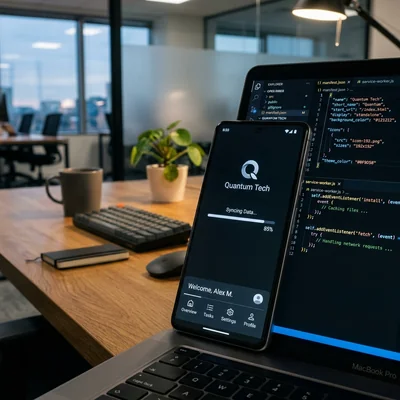 Interfaz PWA en la pantalla de un teléfono inteligente y código manifest.json en una computadora portátil
