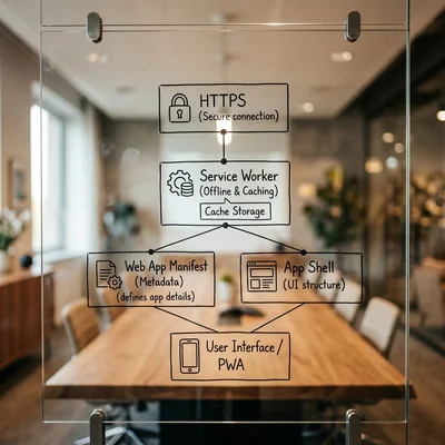 Diagramm der PWA-Architektur (HTTPS, Manifest, Service Worker) auf einem transparenten Board