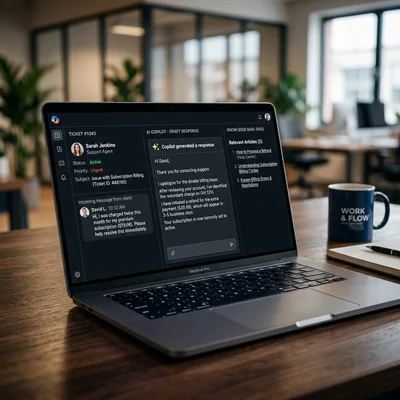 Interface do IA Copilot para um agente de suporte na tela de um laptop