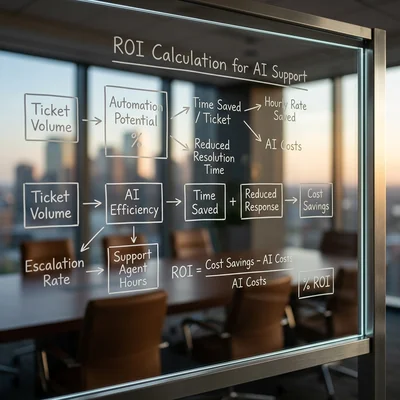 Diagrama do cálculo de ROI para IA no suporte em um quadro transparente
