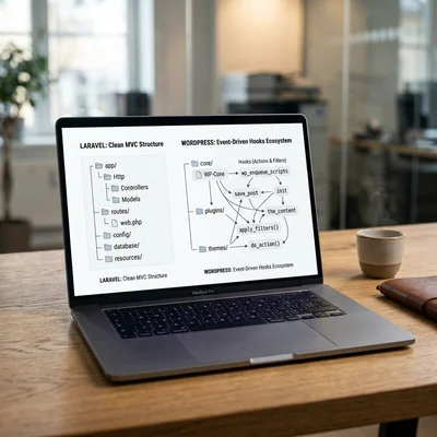 Comparison of Laravel and WordPress architecture on a laptop screen