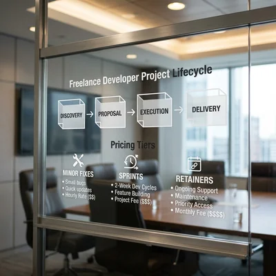 Diagram of task tiers and pricing for a developer on a transparent board