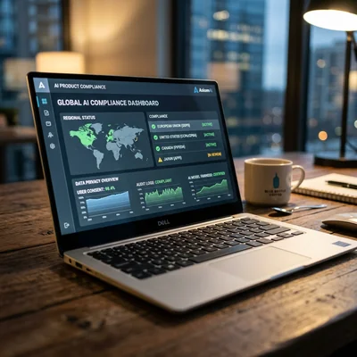 Dashboard of AI product compliance with regulatory standards on a laptop screen