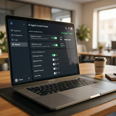 Panel de control de acceso y secretos para un agente de IA en la pantalla de una computadora portátil