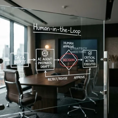 Diagrama de flujo de trabajo 'human-in-the-loop' en una pizarra transparente