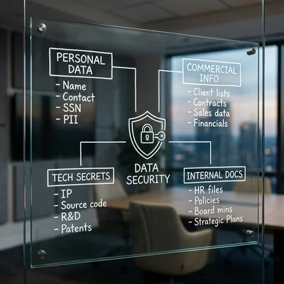 Catégories de sécurité des données d'entreprise sur un tableau transparent