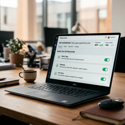 Panel für grundlegende SEO-Einstellungen eines Website-Builders auf einem Laptop-Bildschirm
