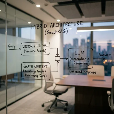 GraphRAG-Hybridarchitekturdiagramm auf einem transparenten Board