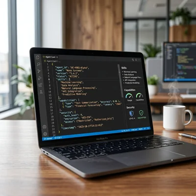 Analysieren eines Agent Card JSON-Dokuments auf einem Laptop-Bildschirm