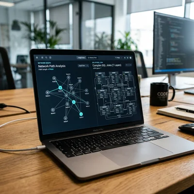Vergleich von Graph-Datenmodell und komplexen tabellarischen JOINs auf einem Laptop-Bildschirm